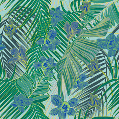Materiał do szycia Beautiful bright orchids surrounded by lush tropical plants. Bright neon exotic colors.Printable seamless eye-catching bold patterns for graphic design, pattern surface, wallpaper, t-shirt and apparel