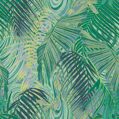Materiał do szycia Bright tropical seamless patterns. Exotic lush flora from tropical countries. Vibrant jungle plants and leaves for fabric design, graphic design, wallpaper design.
