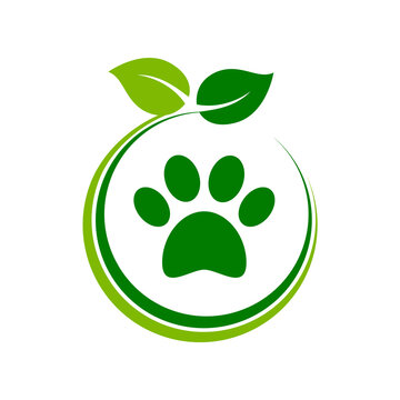 Organic pet store icon. Paw with green leaves inside circle. Natural animal treatment symbol. Healthy pet shop symbol. Environmental friendly animal products sign. Vector illustration, flat, clip art