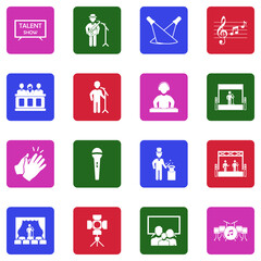 Talent Show Icons. White Flat Design In Square. Vector Illustration.