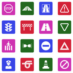 Traffic Rules Icons. White Flat Design In Square. Vector Illustration.