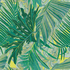 Bright tropical seamless patterns. Exotic lush flora from tropical countries. Vibrant jungle plants and leaves for fabric design, graphic design, wallpaper design.