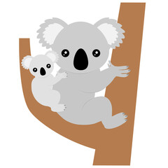 コアラの親子のイラスト。赤ちゃんコアラをおんぶして木の枝に座る母コアラ。