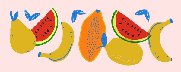 Fruits and berries abstract illustration. Hand drawing poster. Funny colored typography poster, apparel print design, bar menu decoration. Tropical Fruits and berries still life. 