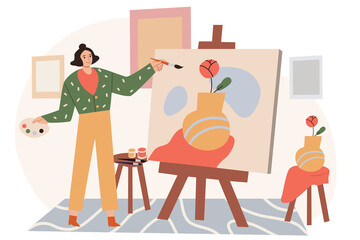Young woman painting with brush on canvas in a studio. Creative profession artist. Cartoon colorful hand drawn vector illustration in flat style