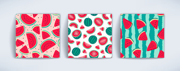 Vector watermelons hand drawn seamless patterns set. Cute summer fresh fruits print. Watermelon red slices, half sliced and whole watermelons repeat texture for wallpaper, fabric design, background.