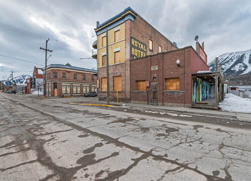 Fernie, British Columbia, Canada - March 17, 2022:  Exterior view of the abandoned Royal Hotel in the town's downtown