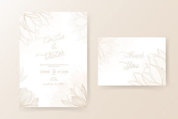 Elegant flower and leaf in line on wedding invitation card template