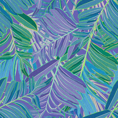 Neon very peri tropics. Seamless bright trendy stylish exotic patterns for fabric design, wallpaper, print surface, graphic design, typography. Violet plants and leaves with vibrant neon colors