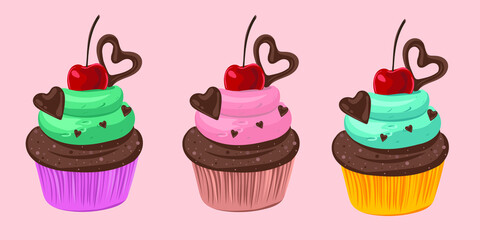 Delicious cupcake with cream, chocolate hearts and cherry on the top