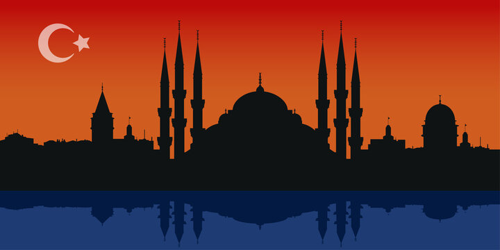 Istanbul silhouette on sunset background composition