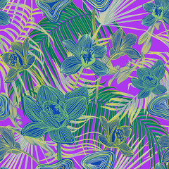 Materiał do szycia Beautiful bright orchids surrounded by lush tropical plants. Bright neon exotic colors.Printable seamless eye-catching bold patterns for graphic design, pattern surface, wallpaper, t-shirt and apparel