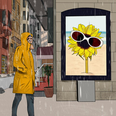 Spring. Winter. Man walking in rainy weather. Person, sees the hot weather on the advertising sign. Longing for hot weather. Cartoon drawing. Dijital drawing. Season theme.