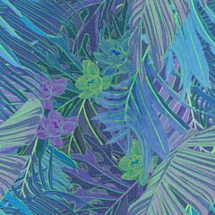Very Per colors seamless tropical patterns stylish bright ultraviolet with neon accents. Bright orchids against the background of exotic lush foliage create a beautiful stylish design for fabric, wall