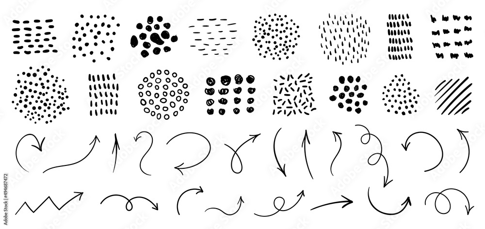 Wall mural hand drawn abstract vector textures and arrows. minimal dotted and striped graphic patterns for crea