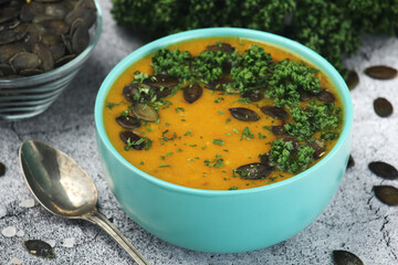 A bowl with home-made pumpkin soup