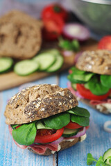 Homemade sandwiches with ham and vegetables