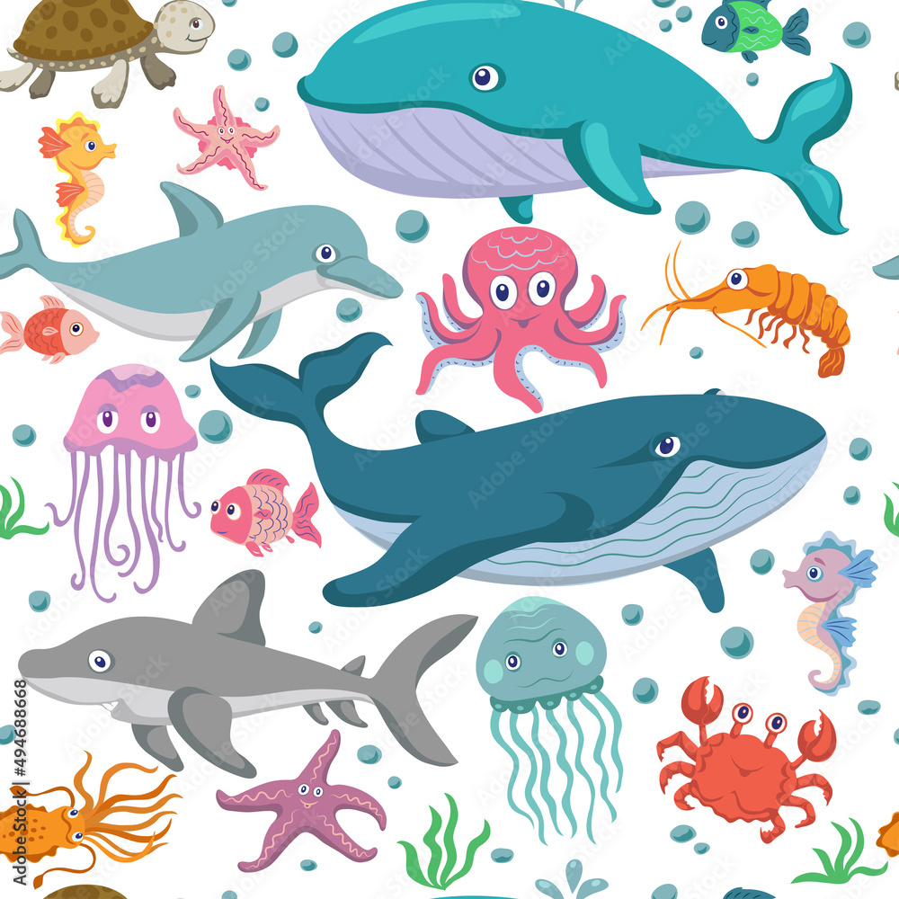 Wall mural marine life, pattern, sea animals and fish, various poses and situations, drawing, vector, images, c