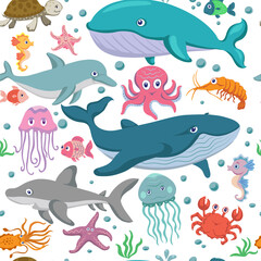 Marine life, pattern, sea animals and fish, various poses and situations, drawing, vector, images, cartoon