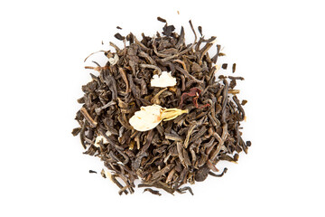 herbal black greeen tea leaves isolated on white