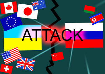 Obraz premium Ukrainian and Russian flag on a tablet and inscription attack. The concept of news in Ukraine and Russia.