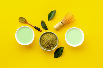 Matcha tea. Tea ceremony with dry powder and hot drink
