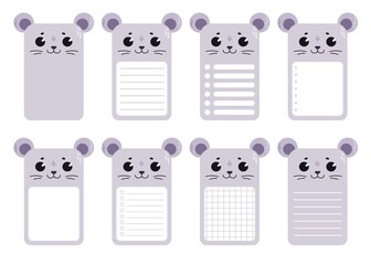 A set of note cards with a cute mouse. Rectangular cards for post-it notes, notes, to-do list and day planner. Ruled, checkered, blank space for text. 