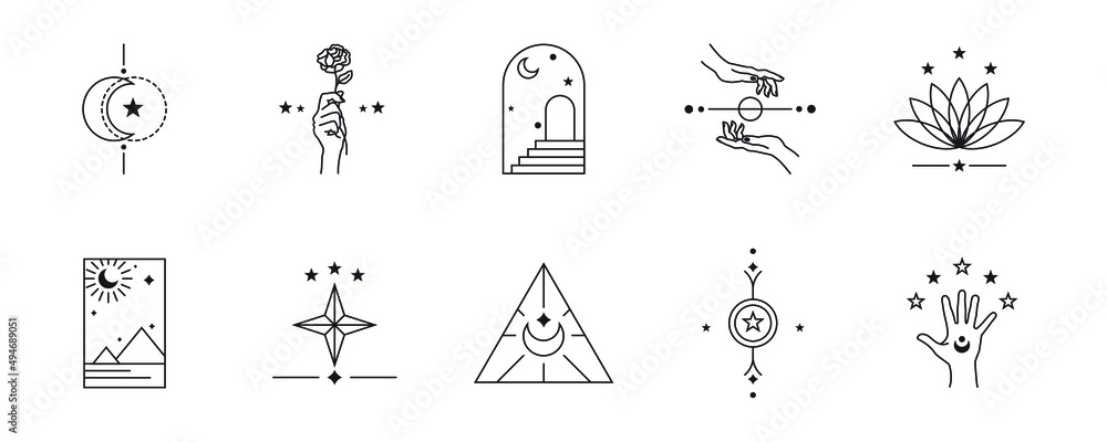 Poster set of witch and magic collection. boho symbols in tarot card design style. mystical and fantasy in 