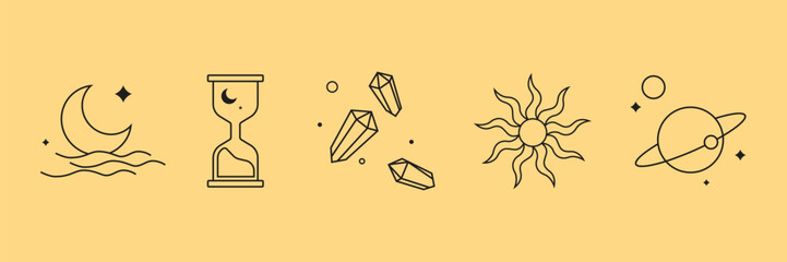 set of witch and magic collection. boho symbols in tarot card design style. mystical and fantasy in monoline vector illustration