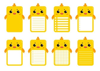 A set of note cards with a cute chick. Rectangular cards for post-it notes, notes, to-do list and diary. Ruled, checkered, blank space for text. 