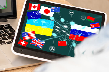 country flags and Ukrainian and Russian flag on the tablet