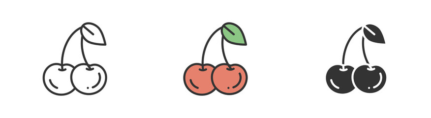 Simple minimalism cherry in three variations. Outline, colorful and glyph vector flat illustration