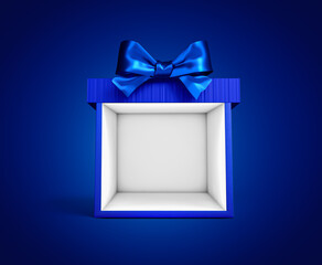 Blank display gift box backdrop or present box showcase with blue ribbon bow isolated blue white background with shadow 3D rendering
