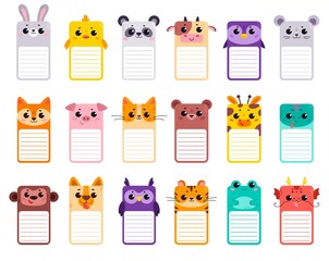 Large set of note cards with different cute animals. Rectangular cards for educational play with children. Vector illustrations for post-it notes, notes, to-do list and diary. Ruled space for text.