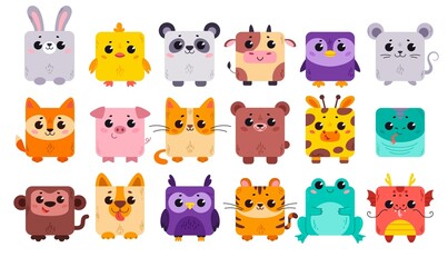 Large set of square icons for apps or games. Cute cartoon animals in a square shape. Vector illustration isolated on white background