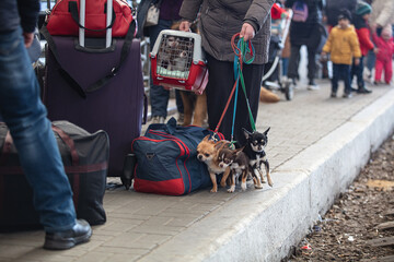 Ukrainian refugees from Mariupol on Lviv railway station waiting for train to escape to Europe