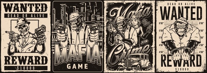 Mafia mobsters monochrome posters collection