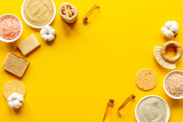 Flatlay of bathroom accessories and spa cosmetic products