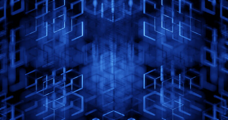 Render with a blue background of cubes of lines, soft focus