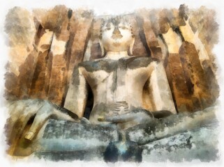 Landscape of ancient ruins in Sukhothai World Heritage Site Thailand watercolor style illustration impressionist painting.
