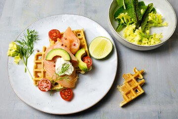 Salty waffles with salmon