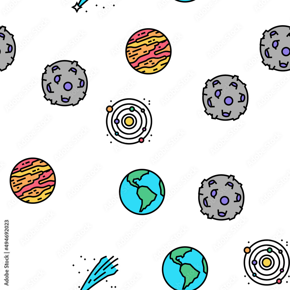 Poster galaxy system space collection vector seamless pattern thin line illustration