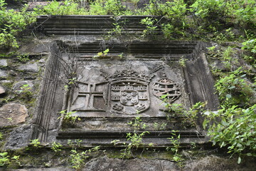 engraving at medieval vasai fort , maharashtra, india 