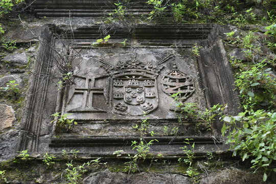 engraving at medieval vasai fort , maharashtra, india 