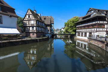 Strasbourg, France - May 22, 2017: Tanners&rsquo; House and timbered houses along the ILL canal, Petite France District, Strasbourg, Alsace, Bas-Rhin Department, France