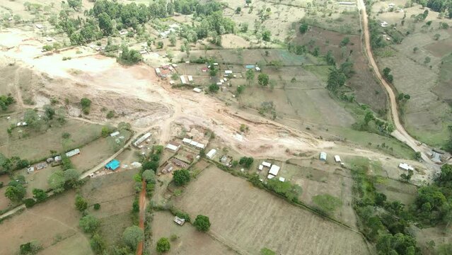 Tilting Drone Flight Of Busy Local  Market In Tribal Village Of Kapenguria, Traditional Rural Community In Kenya Africa