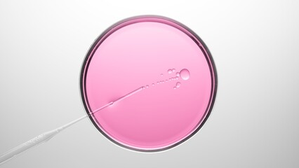 Top view macro shot of chemical dropper injects oil into pink liquid in petri dish on light grey...