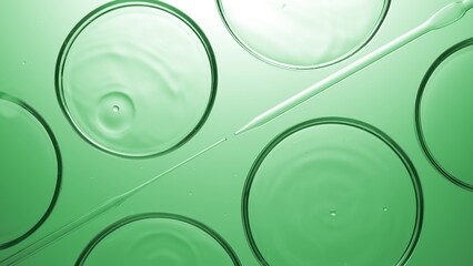 Top view macro shot of transparent drops are falling into transparent liquid in multiple petri dishes lying around droppers on green background | Abstract face care cosmetics formulating concept