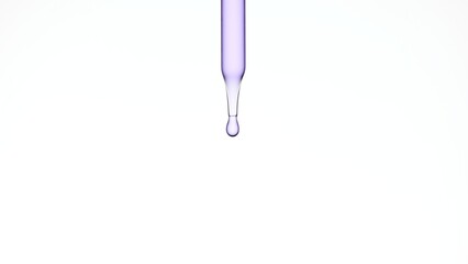 Macro shot of drop of violet clear fluid hanging from a lab dropper on white background | Abstract...
