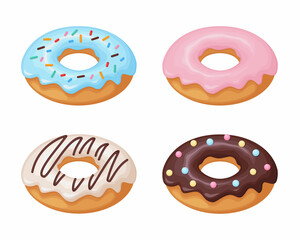 Donut. A collection of donuts decorated with various glazes and sprinkles. Sweet dessert, vector illustration isolated on a white background